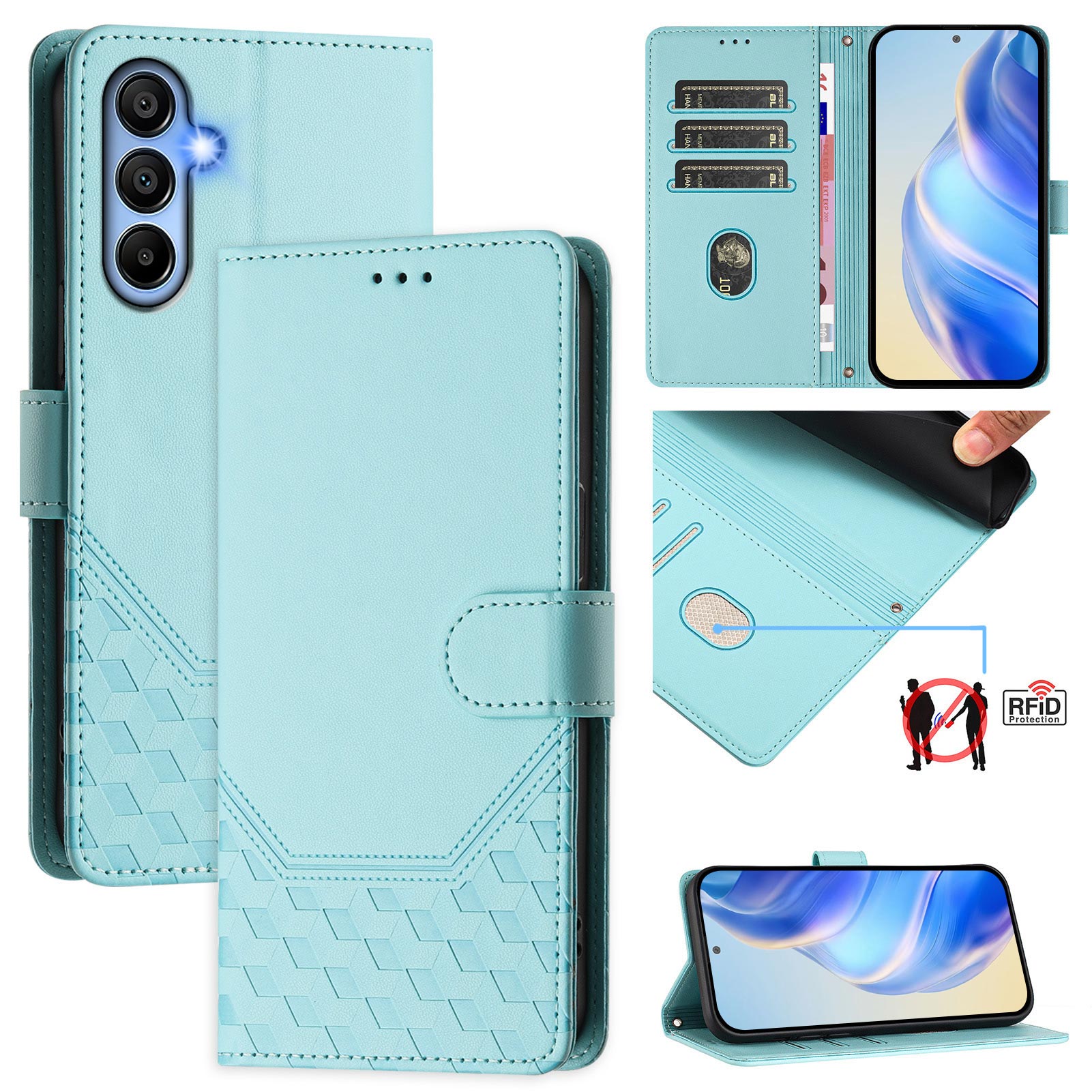 For Samsung Galaxy A06 Case Imprinted Honeycomb RFID Blocking Leather Phone Cover with Strap - Mint Green For Samsung Galaxy A06 Case Imprinted Honeycomb RFID Blocking Leather Phone Cover with Strap - Mint Green